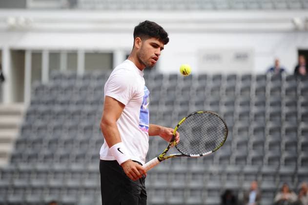 Foto IPP Cavaliere Emiliano. Roma 09 05 2025. Tennis Internazionali d Italia 2025. Nella foto: Carlo Alcaraz in allenamento al centrale. Italy Photo Press - World Copyright italy ITALY  Copyright: xR4924_italyphotopressx