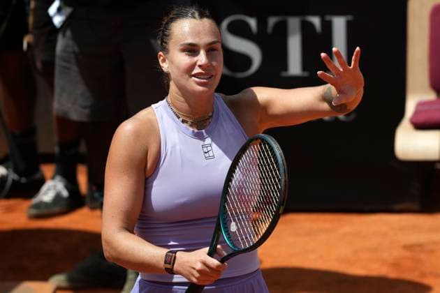 Aryna Sabalenka of Belarus celebrates at the end of the match against Anastasia Popatova of Russia at the Internazionali BNL d Italia 2025 tennis tournament at Foro Italico in Rome, Italy on May 9, 2025. Aryna Sabalenka won 6-2, 6-2 AntoniettaxBaldassarre