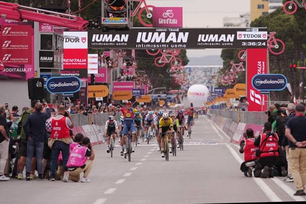 Pedersen Mads of Lidl-Trek winner of the stage during the final sprint during the stage 1 of the Giro d™Italia from Durazzo (Durres) to Tirana (Tirane), Albania- Friday, May 9, 2025. - cycling.  Copyright: xMarcoxAlpozzi LaPressex