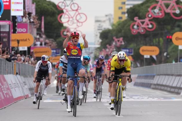 Pedersen Mads of Lidl-Trek winner of the stage during the stage 1 of the Giro d™Italia from Durazzo (Durres) to Tirana (Tirane), Albania- Friday, May 9, 2025. - cycling.  Copyright: xGianxMattiaxD Alberto LaPresse Lx
