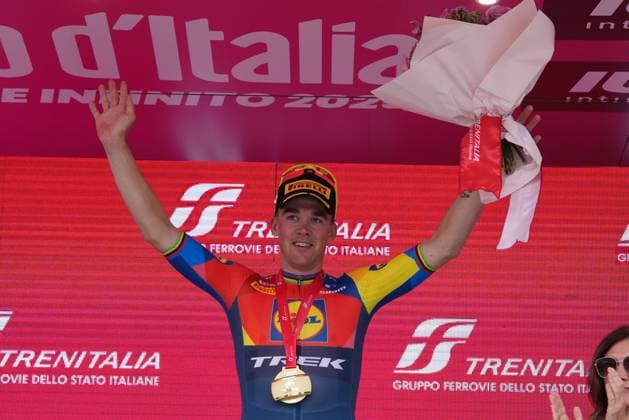 Pedersen Mads of Lidl-Trek winner of the stage on the podium during the stage 1 of the Giro d™Italia from Durazzo (Durres) to Tirana (Tirane), Albania- Friday, May 9, 2025. - cycling.  Copyright: xGianxMattiaxD Alberto LaPresse Lx