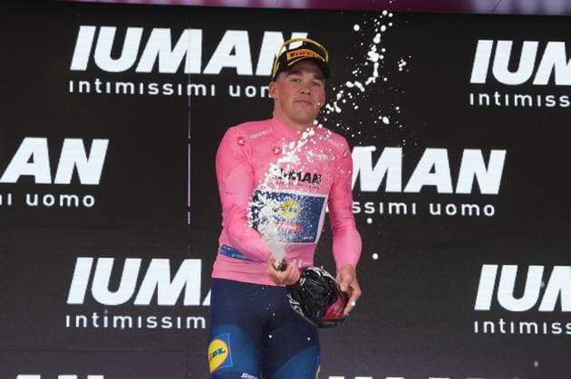 Pedersen Mads of Lidl-Trek winner of the stage on the podium during the stage 1 of the Giro d™Italia from Durazzo (Durres) to Tirana (Tirane), Albania- Friday, May 9, 2025. - cycling.  Copyright: xGianxMattiaxD Alberto LaPresse Lx