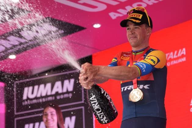 Pedersen Mads of Lidl-Trek winner of the stage on the podium during the stage 1 of the Giro d™Italia from Durazzo (Durres) to Tirana (Tirane), Albania- Friday, May 9, 2025. - cycling.  Copyright: xMassimoxPaolone LaPressex