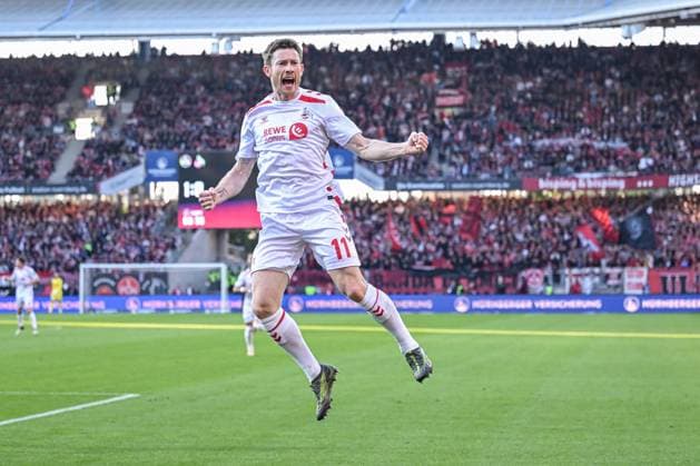 09.05.2025, Fussball, 2. Bundesliga, 33. Spieltag Saison 2024 2025, 1.FC Nürnberg - 1.FC Köln, Florian Kainz (1. FC Köln) freut sich über das Tor zum 1:1, xRHR-FOTO TKx