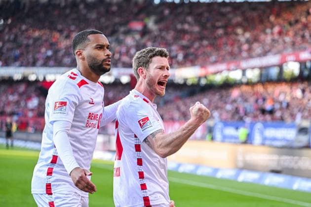 09.05.2025, Fussball, 2. Bundesliga, 33. Spieltag Saison 2024 2025, 1.FC Nürnberg - 1.FC Köln, Florian Kainz (1. FC Köln) freut sich über das Tor zum 1:1, xRHR-FOTO TKx