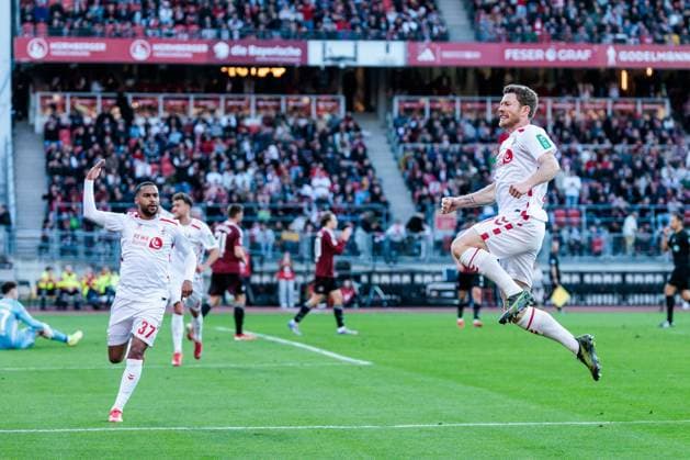 2. Fußball Bundesliga: 1. FC Nürnberg - 1. FC Köln; 09.05.2025 Jubel zum 1:1 durch Florian Kainz (1. FC Köln, 11) 2. Fußball Bundesliga, 1. FC Nürnberg - 1. FC Köln, Nürnberg, Max-Morlock-Stadion am 09.05.2025 DFL REGULATIONS PROHIBIT ANY USE OF PHOTOGRAPHS AS IMAGE SEQUENCES AND OR QUASI-VIDEO.