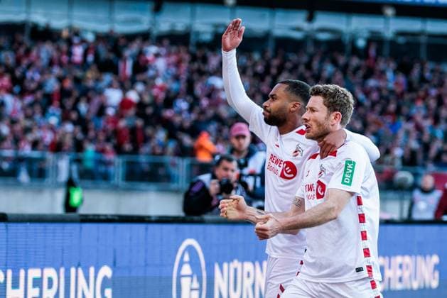 2. Fußball Bundesliga: 1. FC Nürnberg - 1. FC Köln; 09.05.2025 Jubel zum 1:1 durch Florian Kainz (1. FC Köln, 11) 2. Fußball Bundesliga, 1. FC Nürnberg - 1. FC Köln, Nürnberg, Max-Morlock-Stadion am 09.05.2025 DFL REGULATIONS PROHIBIT ANY USE OF PHOTOGRAPHS AS IMAGE SEQUENCES AND OR QUASI-VIDEO.