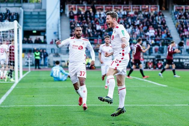 2. Fußball Bundesliga: 1. FC Nürnberg - 1. FC Köln; 09.05.2025 Jubel zum 1:1 durch Florian Kainz (1. FC Köln, 11) 2. Fußball Bundesliga, 1. FC Nürnberg - 1. FC Köln, Nürnberg, Max-Morlock-Stadion am 09.05.2025 DFL REGULATIONS PROHIBIT ANY USE OF PHOTOGRAPHS AS IMAGE SEQUENCES AND OR QUASI-VIDEO.
