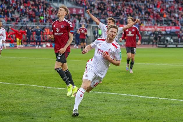 Florian Kainz 11(1. FC Koeln) mit dem 1.2, 1.FC Nuernberg vs. 1.FC Koeln Fussball, 2. Bundesliga, DFL, Saison 2024 2025, Rueckrunde, 33. Spieltag, 09.05.2025 DFB regulations prohibit any use of photographs as image sequences and or quasi-video