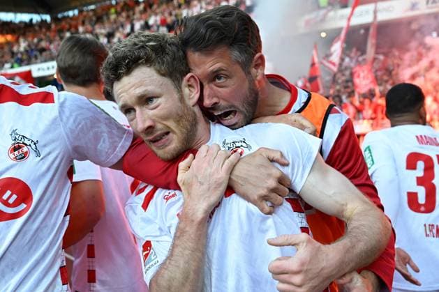 Nuernberg, Max-Morlock-Stadion, 09.05.25, GER, Herren, 2.Bundesliga, Saison 2024-2025, 1.FC Nuernberg - 1.FC Koeln Bild: Florian KAINZ (Koeln) jubelt nach seinem Tor zum 1:1 DFL regulations prohibit any use of photographs as image sequences and or quasi-video. Bayern Deutschland