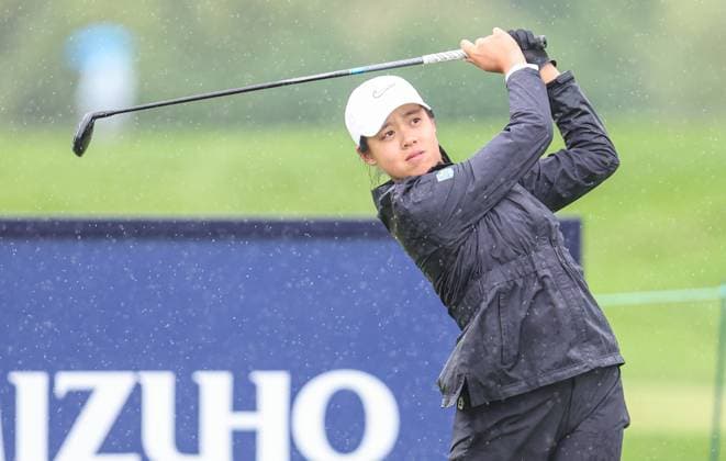 May 09, 2025: Clara Ding of Canada tees off on the second hole during the second round of the Mizuho Americas Open at Liberty National Golf Club in Jersey City, NJ. CSM Jersey City United States of America - ZUMAc04_ 20250509_zma_c04_002 Copyright: xMikexLangishx