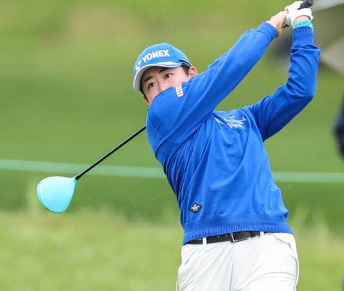 May 09, 2025: Akie Iwai of Japan watches her tee shot on the 17th hole during the second round of the Mizuho Americas Open at Liberty National Golf Club in Jersey City, NJ. CSM Jersey City United States of America - ZUMAc04_ 20250509_zma_c04_010 Copyright: xMikexLangishx