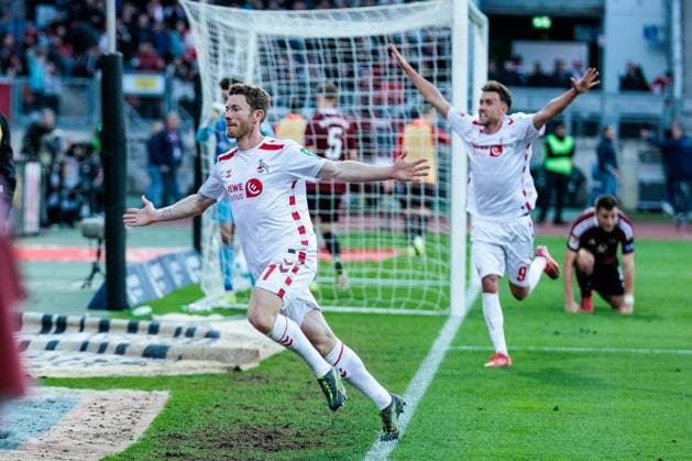 2. Fußball Bundesliga: 1. FC Nürnberg - 1. FC Köln; 09.05.2025 Jubel zum 1:2 durch Florian Kainz (1. FC Köln, 11) 2. Fußball Bundesliga, 1. FC Nürnberg - 1. FC Köln, Nürnberg, Max-Morlock-Stadion am 09.05.2025 DFL REGULATIONS PROHIBIT ANY USE OF PHOTOGRAPHS AS IMAGE SEQUENCES AND OR QUASI-VIDEO.
