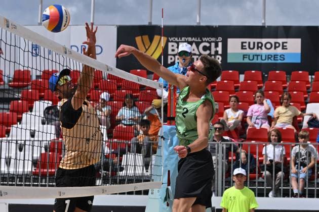 May 9, 2025, Madrid, Madrid, Spain: 1 DANIEL MORENO (ESP) - 2 VITALII SAVVIN (UKR) competes during the World Beach ProTour Futures volleyball match between SPAIN and UKRAINE at Parque Deportivo Puerta de Hierro on May 09, 2025 in Madrid, Spain. Madrid Spain - ZUMAc312 20250509_zsp_c312_126 Copyright: xOscarxManuelxSanchezx