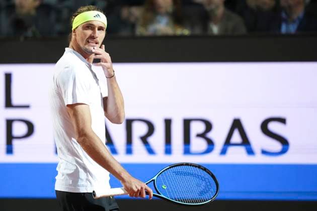 Alexander Zverev of Germany reacts during the match against Camilo Ugo Carabelli of Argentina at the Internazionali BNL d Italia 2025 tennis tournament at Foro Italico in Rome, Italy on May 9, 2025. Alexander Zverev won 6-2, 6-1. AntoniettaxBaldassarre