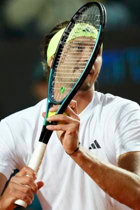 Alexander Zverev of Germany serves during the match against Camilo Ugo Carabelli of Argentina at the Internazionali BNL d Italia 2025 tennis tournament at Foro Italico in Rome, Italy on May 9, 2025. Alexander Zverev won 6-2, 6-1. AntoniettaxBaldassarre