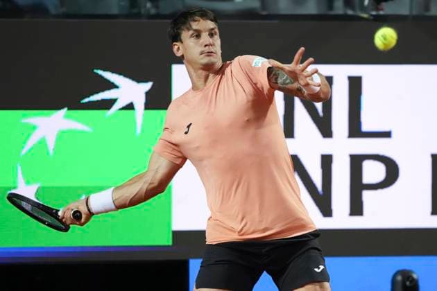 Camilo Ugo Carabelli of Argentina during the match against Alexander Zverev of Germany at the Internazionali BNL d Italia 2025 tennis tournament at Foro Italico in Rome, Italy on May 9, 2025. Alexander Zverev won 6-2, 6-1. AntoniettaxBaldassarre