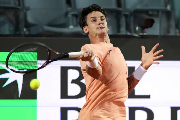 Camilo Ugo Carabelli of Argentina during the match against Alexander Zverev of Germany at the Internazionali BNL d Italia 2025 tennis tournament at Foro Italico in Rome, Italy on May 9, 2025. Alexander Zverev won 6-2, 6-1. AntoniettaxBaldassarre