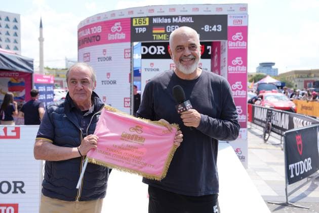 Edi Rama, Prime Minister of Albania, with Mauro Vegni during the stage 2 of the Giro d™Italia from Tirana (Tirane) to Tirana (Tirane) Tudor ITT (Individual Time Trial) Albania - Saturday, May 10, 2025. - cycling.  Copyright: xGianxMattiaxD Alberto LaPressex