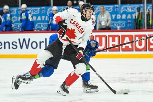 STOCKHOLM, SVERIGE 20250510 Canada s Kent Johnson in action during the IIHF Ice hockey, Eishockey World Championship, WM, Weltmeisterschaft group A match between Slovenia and Canada at Avicii Arena in Stockholm, Sweden, on May 10, 2025. STOCKHOLM SVERIGE x10080x