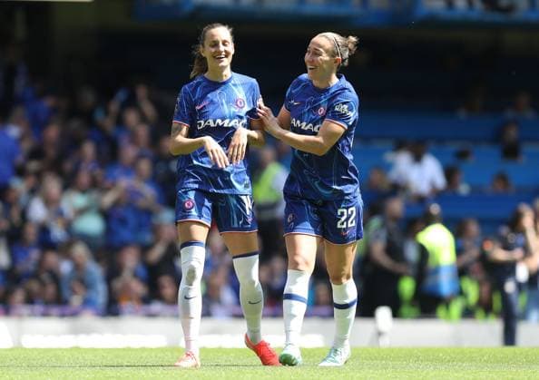 Nathalie Bjorn (Left) and Lucy Bronze (Right) of Chelsea laugh together during the match Chelsea v Liverpool, Football, Barclays Women s Super League, Stamford Bridge, London, UK - 10 05 25 EDITORIAL USE ONLY No use with unauthorised audio, video, data, fixture lists (outside the EU), club league logos or live services. Online in-match use limited to 45 images (+15 in extra time). No use to emulate moving images. No use in betting, games or Copyright: xAnthonyxHanc Shutterstockx 15292910g