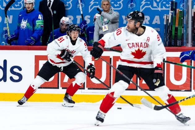 Ice hockey, Eishockey - IIHF WC 2025 STOCKHOLM,SWEDEN,10.MAY.25 - ICE HOCKEY - IIHF Ice Hockey World Championship, WM, Weltmeisterschaft 2025, group stage, Slovenia vs Canada. Image shows Kent Johnson (CAN).  GEPAxpictures xMaticxKlansek
