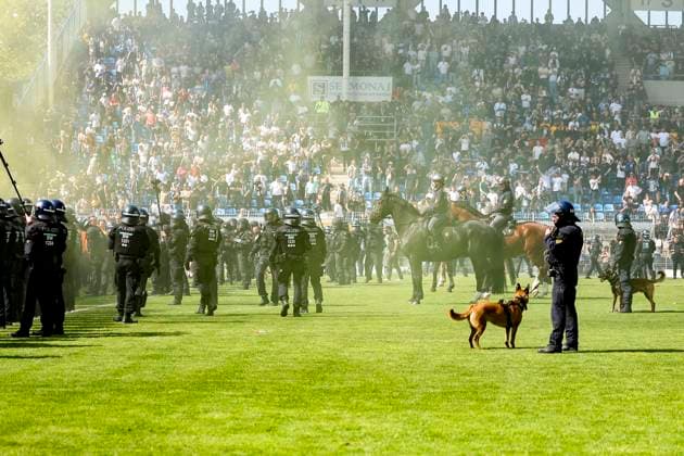 Polizei Reiterstaffel auf dem Platz , Fussball, 3.Liga, 37.Spieltag, 2024 2025, SV Waldhof Mannheim vs. Dynamo Dresden, 10.05.2025, Carl-Benz-Stadion, Mannheim, Deutschland DFB REGULATIONS PROHIBIT ANY USE OF PHOTOGRAPHS AS IMAGE SEQUENCES AND OR QUASI-VIDEO. Mannheim Carl-Benz-Stadion Baden-Württemberg Deutschland