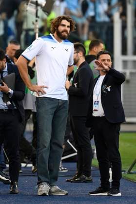 Tennis player Reilly Opelka of United States, wering a Lazio shirt, attends the Serie A football match between SS Lazio and Juventus FC at Olimpico stadium in Rome (Italy), May 10, 2025. andreaxstaccioli