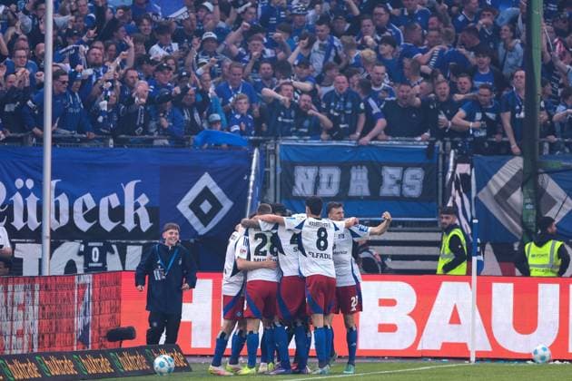10.05.2025, 2. Bundesliga, 33. Spieltag, Hamburger SV - SSV Ulm 1846, Ludovit Reis (Hamburger SV) bejubelt das Tor zum 1:1, Hamburg Volksparkstadion Hamburg Deutschland xRHR-FOTO DEx
