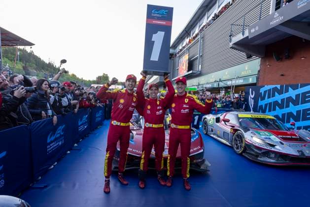 Bilder des Jahres 2025, Sport 05 Mai Sport Themen der Woche KW19 Sport Bilder des Tages MOTORSPORT : 6 Heures de Spa Francorchamps - FIA WEC - 10 05 2025 51 Ferrari AF Corse (ITA) Ferrari 499P (Hypercar) driven by Alessandro Pier Guidi (ITA) James Calado (GBR) Antonio Giovinazzi (ITA), won the Hypercar category at the SPA Francorchamps 6 Hours, the third round of the 2025 FIA WEC championship, at the SPA Francorchamps circuit, Belgium, on 10 May 2025.  Copyright: xMPSxAGENCYx