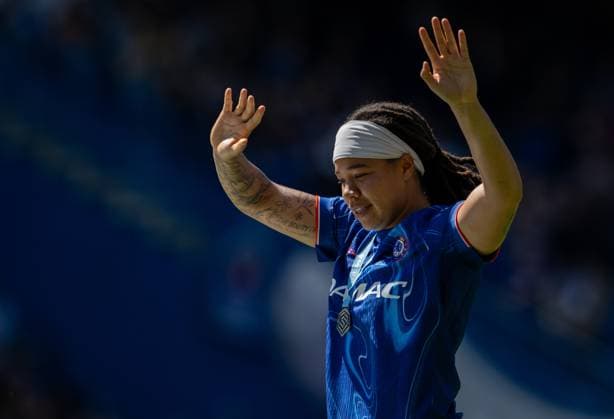 GB. London 10 MAY: Mia Fishel of Chelsea during the Barclays Women s Super League match between Chelsea FC and Liverpool FC at Stamford Bridge on May 10, 2025 in London, England. Photo Sebastian Frej Chelsea FC v Liverpool FC, WSL Copyright: xSebastianxFrejx