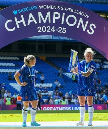 10th May 2025; Stamford Bridge, London, England; Womens Super League Football, Chelsea versus Liverpool; Millie Bright of Chelsea posing with the Womens Super League winners trophy  ActionPlus12786214 KatiexChan
