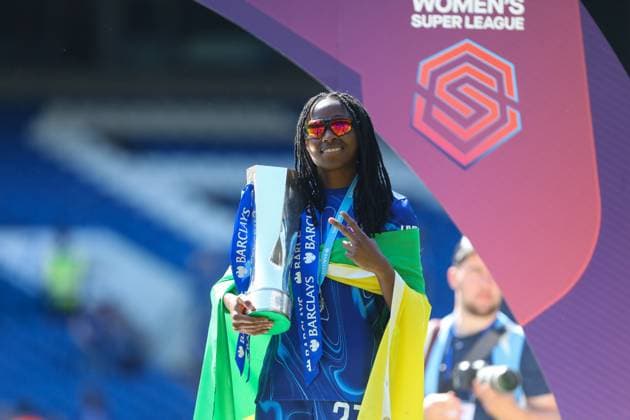 10th May 2025; Stamford Bridge, London, England; Womens Super League Football, Chelsea versus Liverpool; Oriane Jean-Francois of Chelsea posing with the Womens Super League winners trophy  ActionPlus12786242 KatiexChan