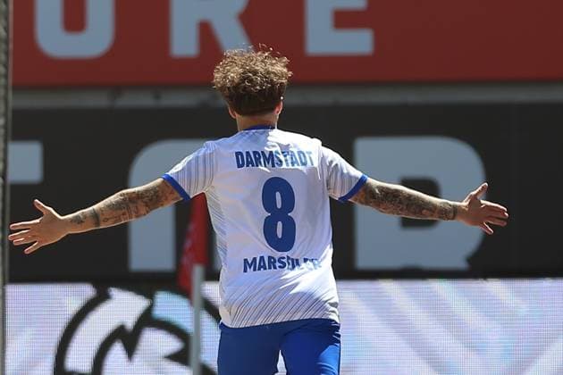11.05.2025, xrekx, Fussball 2.Bundesliga, 1.FC Kaiserslautern - SV Darmstadt 98 v.l. Torjubel nach dem Tor zum 0:1 celebrating the goal celebrate durch Luca Marseiler (SV Darmstadt 98) (DFL DFB REGULATIONS PROHIBIT ANY USE OF PHOTOGRAPHS as IMAGE SEQUENCES and or QUASI-VIDEO) Kaiserslautern