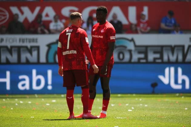 11.05.2025, xmohx, Fussball 2.Bundesliga, 1.FC Kaiserslautern - SV Darmstadt 98 v.l. Marlon Ritter (1. FC Kaiserslautern) Ragnar Ache (1. FC Kaiserslautern) (DFL DFB REGULATIONS PROHIBIT ANY USE OF PHOTOGRAPHS as IMAGE SEQUENCES and or QUASI-VIDEO) Kaiserslautern