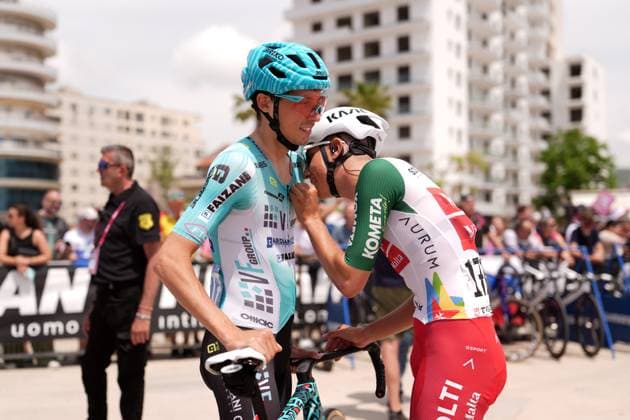Tarozzi Manuele of Vf Group Bardianicsf-Faizane™ and Tonelli Alessandro of Team Polti Visitmalta during the stage 3 of the Giro d™Italia from Valona (Vlore) to Valona (Vlore) Albania - Sunday, May 11, 2025. - cycling.  Copyright: xMassimoxPaolone LaPressex