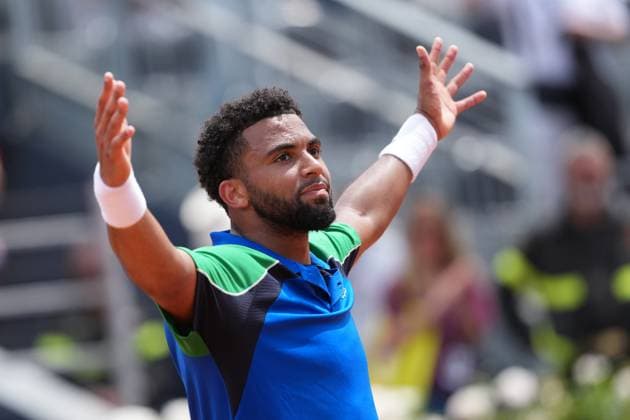 Arthur Fils of France celebrates during the match against Stefanos Tsitsipas Greece at the Internazionali BNL d Italia 2025 tennis tournament at Foro Italico in Rome, Italy on may 11, 2025. AntoniettaxBaldassarre