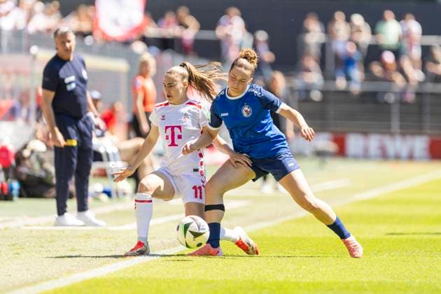 Google Pixel Frauen-Bundesliga: 1. FC Köln - 1. FFC Turbine Potsdam, 11.05.2025 Alena Bienz (1. FC Köln, 11), Alina Gnädig (1. FFC Turbine Potsdam, 21). Google Pixel Frauen-Bundesliga, 1. FC Köln - 1. FFC Turbine Potsdam, 22. Spieltag, am 11.05.2025, Franz-Kremer-Stadion, Köln DFB regulations prohibit any use of photographs as image sequences and or quasi-video Copyright: xBEAUTIFULxSPORTS Meuselx