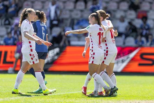 Google Pixel Frauen-Bundesliga: 1. FC Köln - 1. FFC Turbine Potsdam, 11.05.2025 Jubel nach dem Tor zur 2:0 Führung durch Taylor Ziemer (1. FC Köln, 18). Google Pixel Frauen-Bundesliga, 1. FC Köln - 1. FFC Turbine Potsdam, 22. Spieltag, am 11.05.2025, Franz-Kremer-Stadion, Köln DFB regulations prohibit any use of photographs as image sequences and or quasi-video Copyright: xBEAUTIFULxSPORTS Meuselx