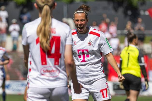 Google Pixel Frauen-Bundesliga: 1. FC Köln - 1. FFC Turbine Potsdam, 11.05.2025 Nicole Billa (1. FC Köln, 17) jubelt nach ihrem Tor zur 3:0 Führung. Google Pixel Frauen-Bundesliga, 1. FC Köln - 1. FFC Turbine Potsdam, 22. Spieltag, am 11.05.2025, Franz-Kremer-Stadion, Köln DFB regulations prohibit any use of photographs as image sequences and or quasi-video Copyright: xBEAUTIFULxSPORTS Meuselx