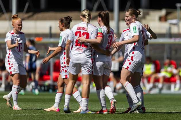 Google Pixel Frauen-Bundesliga: 1. FC Köln - 1. FFC Turbine Potsdam, 11.05.2025 Jubel nach dem Tor zur 4:0 Führung durch Taylor Ziemer (1. FC Köln, 18). Google Pixel Frauen-Bundesliga, 1. FC Köln - 1. FFC Turbine Potsdam, 22. Spieltag, am 11.05.2025, Franz-Kremer-Stadion, Köln DFB regulations prohibit any use of photographs as image sequences and or quasi-video Copyright: xBEAUTIFULxSPORTS Meuselx