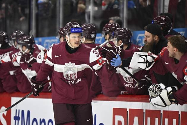 STOCKHOLM, SWEDEN 20250511 Latvia s Eduards Tralmaks after scoring 1-0 during the IIHF Ice hockey, Eishockey World Championship, WM, Weltmeisterschaft group A match between Latvia and Canada at Avicii Arena in Stockholm, Sweden, on May 11, 2025. STOCKHOLM SWEDEN x10430x