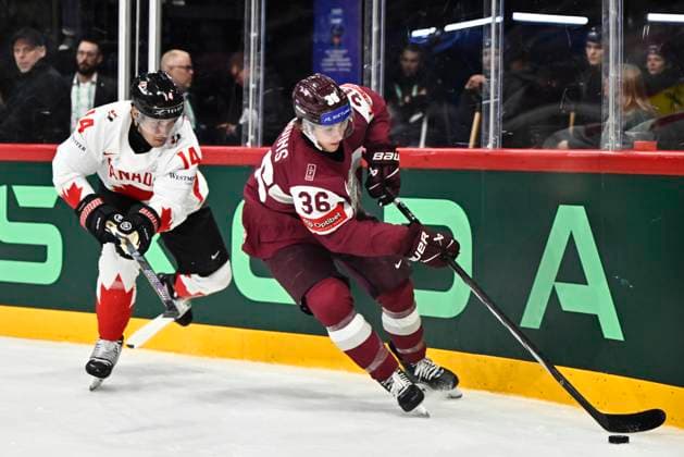 STOCKHOLM, SVERIGE 20250511 Latvia s Martins Lavins during the IIHF Ice hockey, Eishockey World Championship, WM, Weltmeisterschaft group A match between Latvia and Canada at Avicii Arena in Stockholm, Sweden, on May 11, 2025. STOCKHOLM SVERIGE x10430x