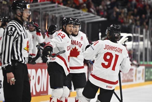 STOCKHOLM, SWEDEN 20250511 Canada s Kent Johnson scores 1-3 during the IIHF Ice hockey, Eishockey World Championship, WM, Weltmeisterschaft group A match between Latvia and Canada at Avicii Arena in Stockholm, Sweden, on May 11, 2025. STOCKHOLM SWEDEN x10430x