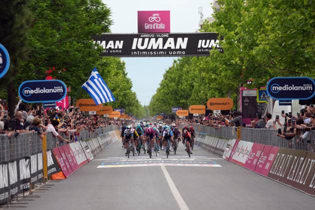 Pedersen Mads of Lidl-Trek, cyclamen jersey, celebrates as he cycles to the finish line to win during the stage 3 of the Giro d™Italia from Valona (Vlore) to Valona (Vlore) Albania - Sunday, May 11, 2025. - cycling.  Copyright: xGianxMattiaxD Alberto LaPressex