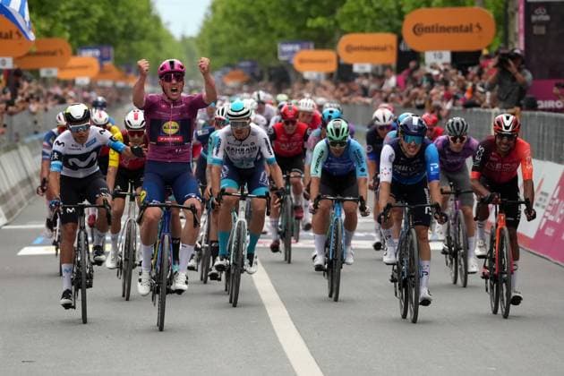Pedersen Mads of Lidl-Trek, cyclamen jersey, celebrates as he cycles to the finish line to win during the stage 3 of the Giro d™Italia from Valona (Vlore) to Valona (Vlore) Albania - Sunday, May 11, 2025. - cycling.  Copyright: xGianxMattiaxD Alberto LaPressex