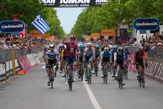 Pedersen Mads of Lidl-Trek, cyclamen jersey, celebrates as he cycles to the finish line to win during the stage 3 of the Giro d™Italia from Valona (Vlore) to Valona (Vlore) Albania - Sunday, May 11, 2025. - cycling.  Copyright: xGianxMattiaxD Alberto LaPressex