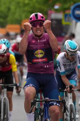 Pedersen Mads of Lidl-Trek, cyclamen jersey, celebrates as he cycles to the finish line to win during the stage 3 of the Giro d™Italia from Valona (Vlore) to Valona (Vlore) Albania - Sunday, May 11, 2025. - cycling.  Copyright: xGianxMattiaxD Alberto LaPressex