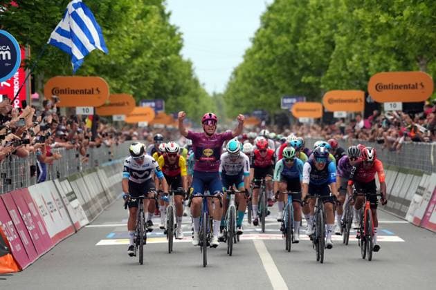 Pedersen Mads of Lidl-Trek, cyclamen jersey, celebrates as he cycles to the finish line to win during the stage 3 of the Giro d™Italia from Valona (Vlore) to Valona (Vlore) Albania - Sunday, May 11, 2025. - cycling.  Copyright: xGianxMattiaxD Alberto LaPressex
