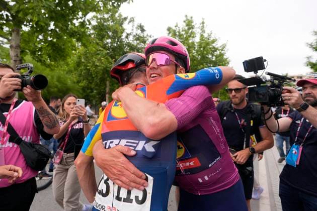 Konrad Patrick of Lidl-Trek and Pedersen Mads of Lidl-Trek, celebrates his victory after winning the stage 3 of the Giro d™Italia from Valona (Vlore) to Valona (Vlore) Albania - Sunday, May 11, 2025. - cycling.  Copyright: xFabioxFerrari LaPressex